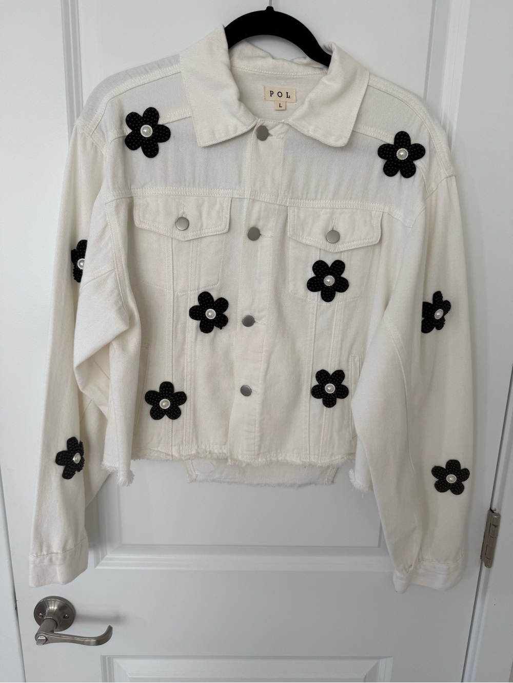 POL White Denim Jacket with Black Floral Beaded Appliqués